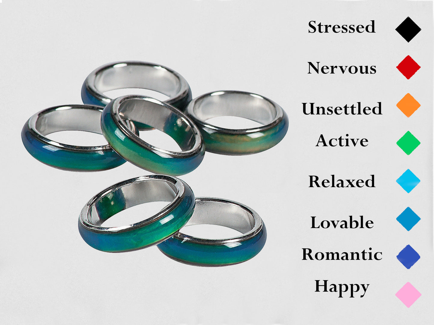 Color changing mood rings with mood color chart
